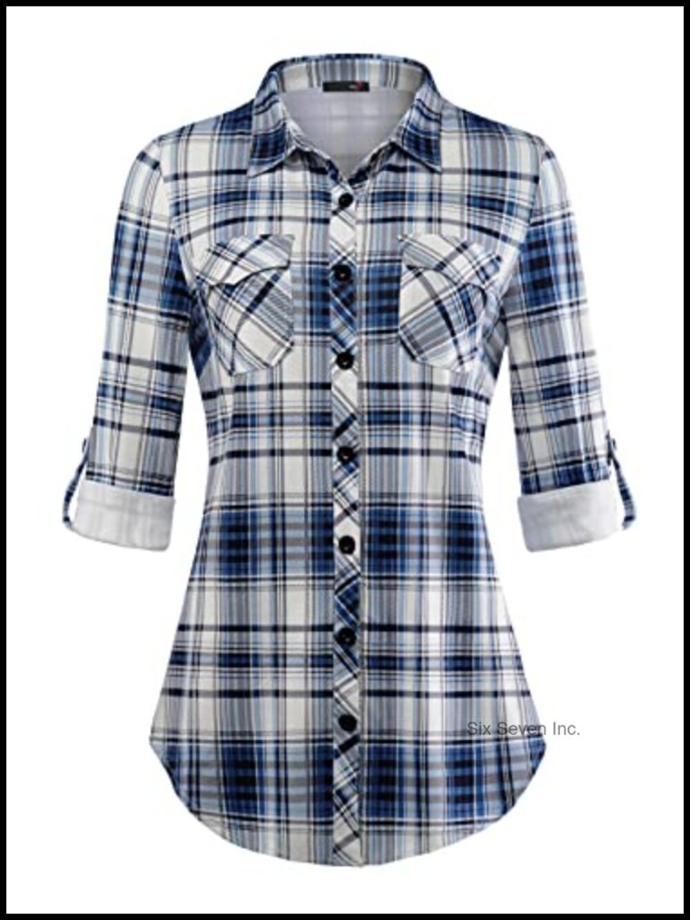 Soft Stretchy Plaid Button Down Boyfriend Shirt Long Sleeve Collared Blouse